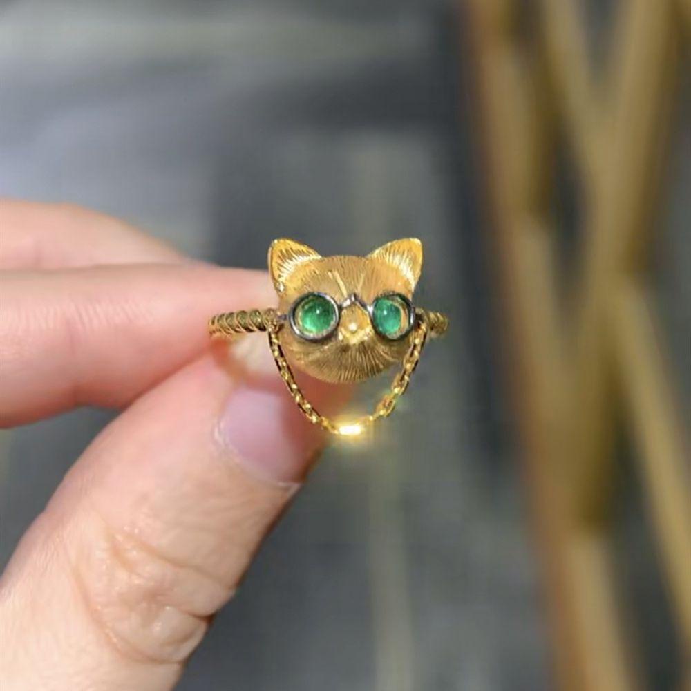 Needway Kalung Liontin Kucing Warna Emas Kucing Rantai Klavikula Fashion Perhiasan Jari Cincin Hadiah Perempuan Gaya Korea