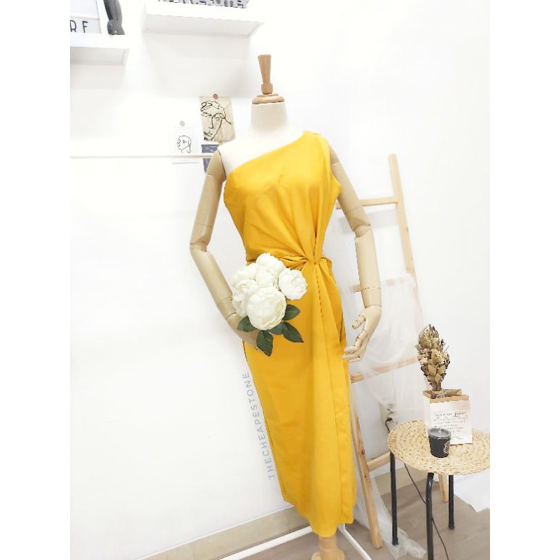 MIDI ONE SHOULDER DRESS WANITA / DRESS PESTA BAHAN SCUBA IMPORT WRAP DRESS OPEN SHOULDER
