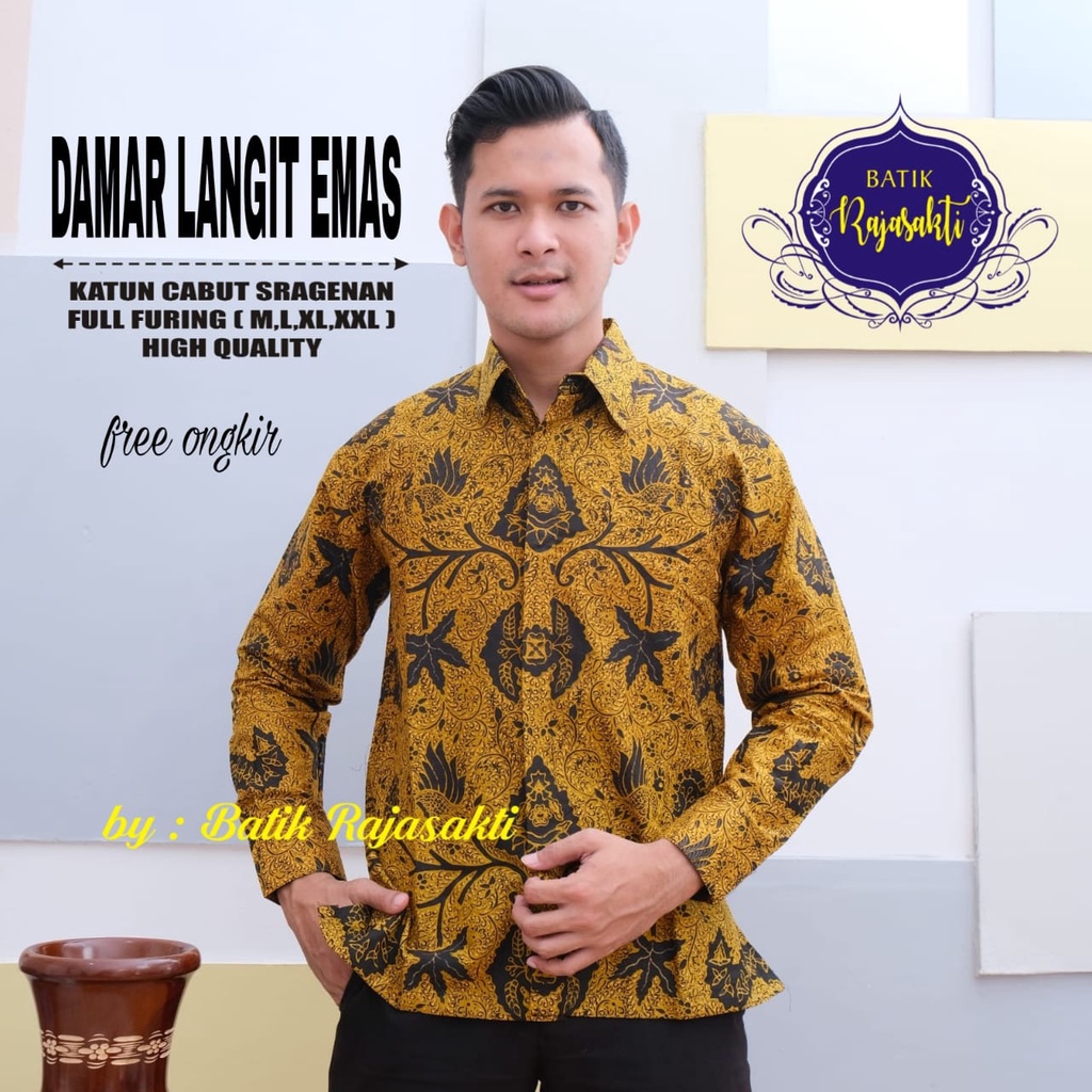 DAMAR LANGIT EMAS RAJASAKTI KEMEJA BATIK SOLO PRIA LENGAN PANJANG LAPIS FURING ATASAN BATIK PREMIUM MODERN KATUN HALUS BAHUWIRYA  BANAMITRA BANAMITRA PUTIH BANGSAWAN BAYU PUTRA BERLIAN BIRU BHARATAYUDA BIMASENA BIRENDRA BIRU INDAH BRAHMAKERTA BRAHMAKERTA