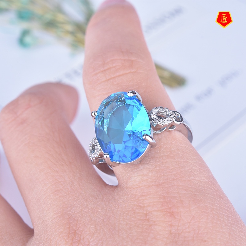 [Ready Stock]Inlaid Blue Topaz Ring Classic Temperament