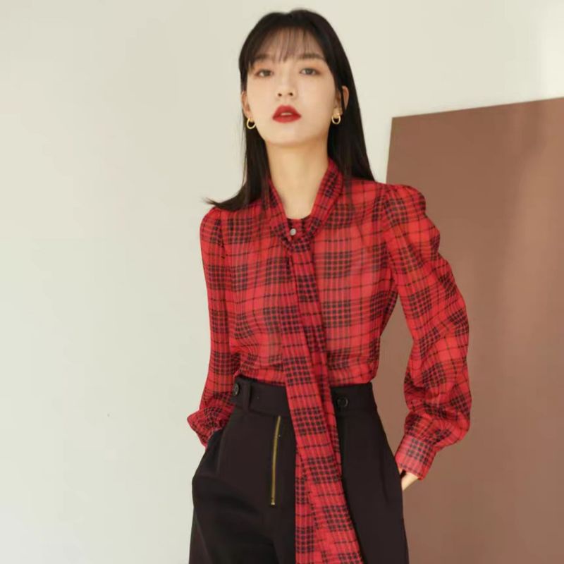 MDLV ~ 6303# Red Tartan Tie Neck Shirt Kemeja korea kemeja kotak kemeja merah kemeja Chiffon Kemeja Premium Fashion Import