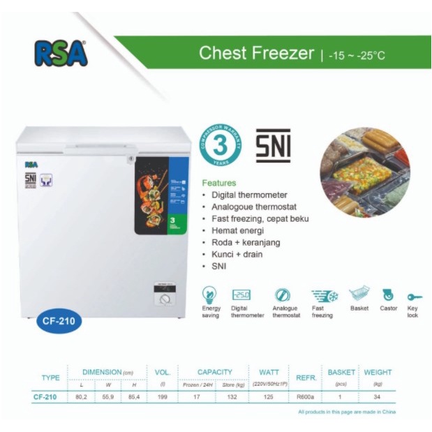 RSA Chest Freezer 200 Liter Box Freezer CF 210 CF-210 Cooler Box CF210