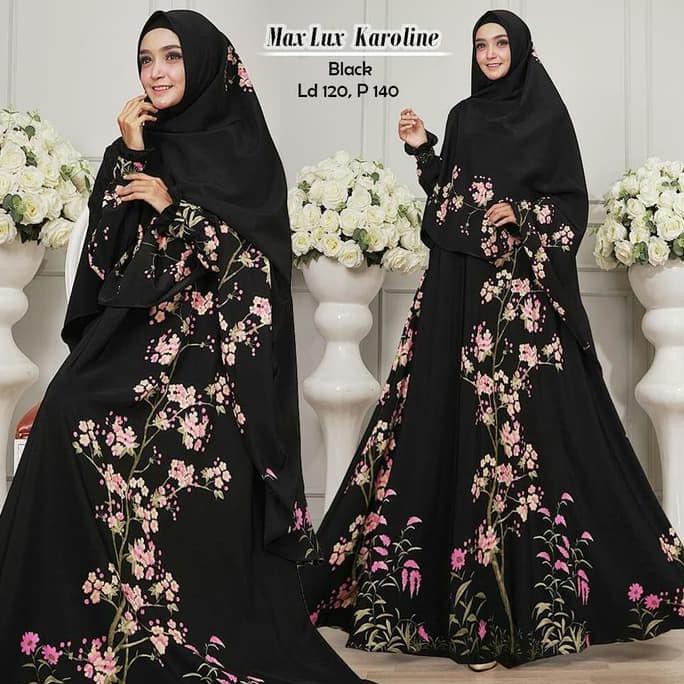 BAJU GAMIS SYARI SYARII JUMBO MUSLIM KAROLINE HITAM MEWAH BONUS KHIMAR