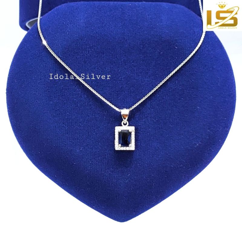 SET KALUNG PERAK ASLI SILVER WANITA 925 LAPIS EMAS PUTIH MODEL LIONTIN KOTAK PERMATA+PERMATA KELILING - PERHIASAN PERAK WANITA