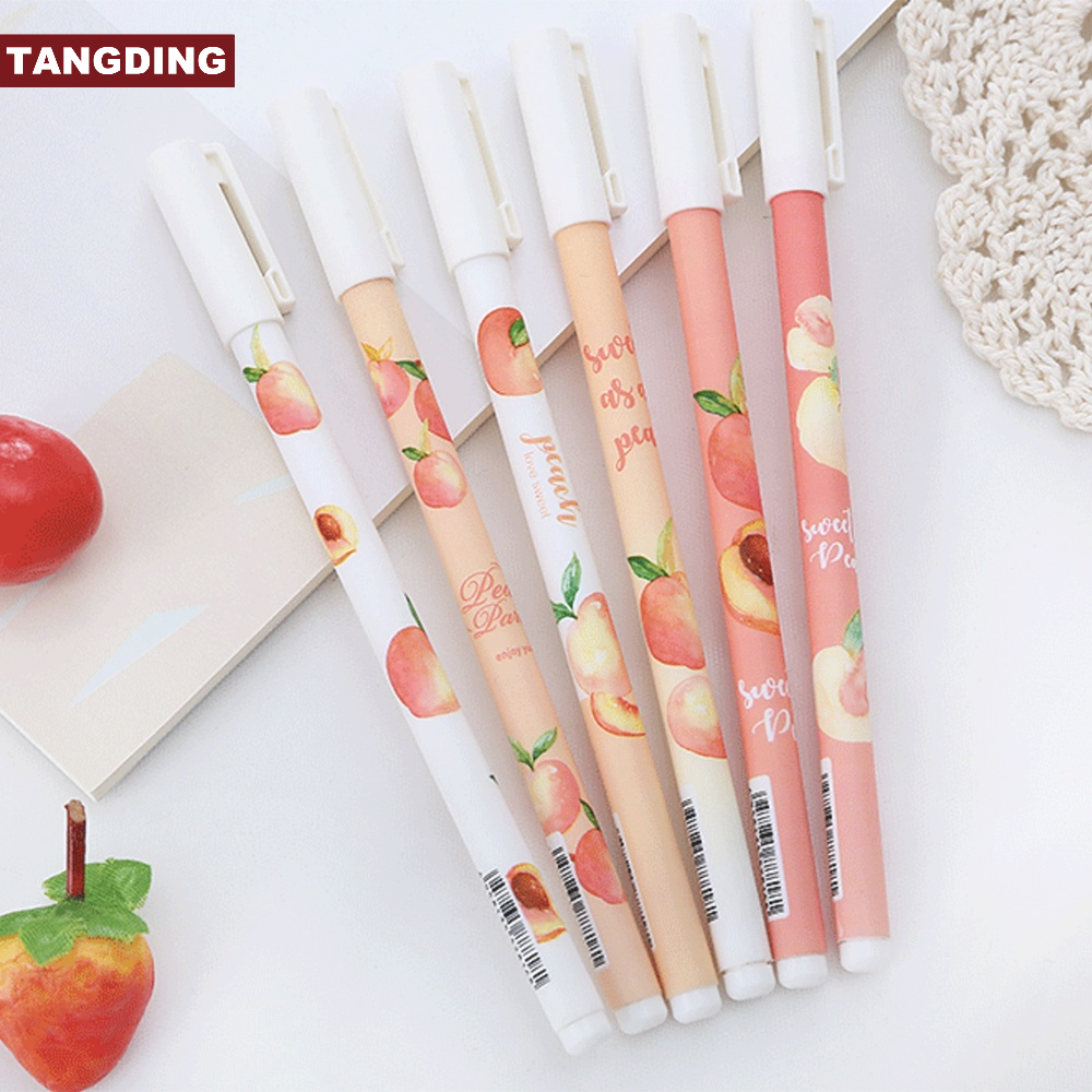 【COD Tangding】6pcs / set Pulpen Tinta Hitam Desain Buah Persik / Hati Untuk Stationery Pelajar / Kantor