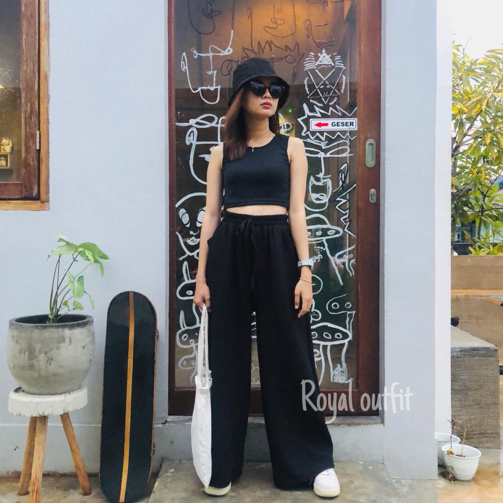 Celana Kulot Waffle Crinkle Highwaist Premium - Cullote Waffle Pants - Loose Pant Korea Kekinian Terbaru