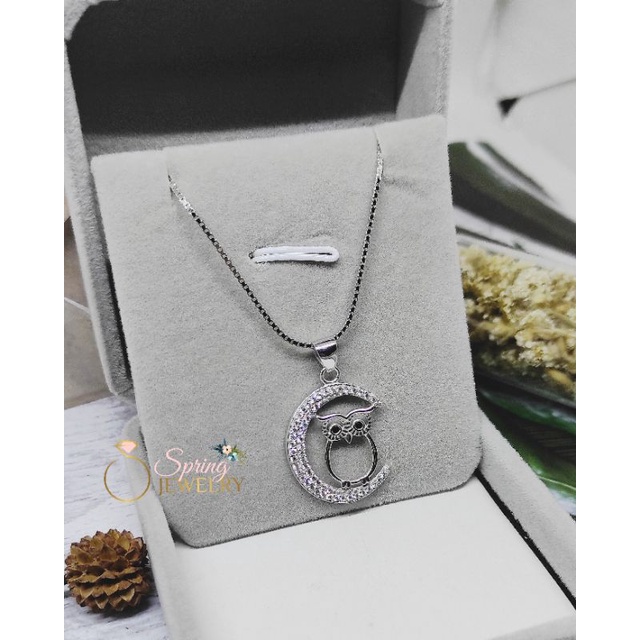 Kalung Perak Wanita Italy Kaca Panjang 50cm +Liontin The Owl Silver 925 Asli Lapis Emas Putih