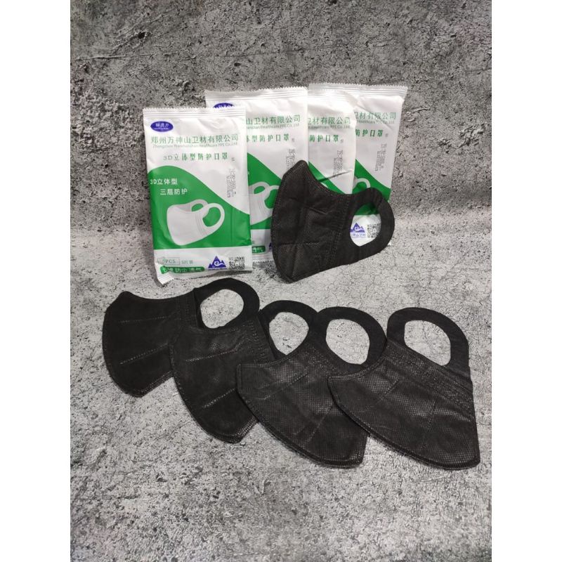 5PCS MASKER DEWASA BLACK EDITION MODEL DUCKBILL TALI LEBAR 3PLY 3D WARNA HITAM EARLOOP