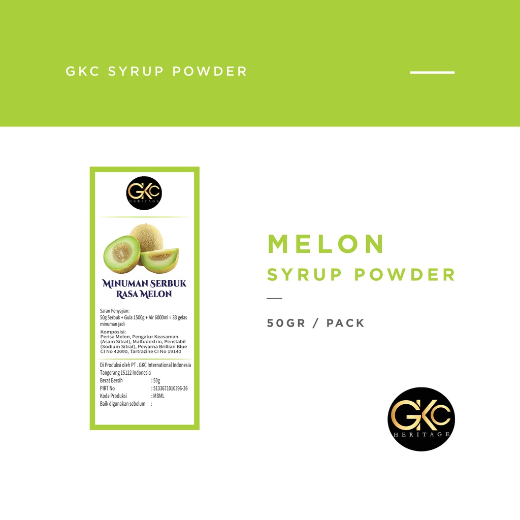

GKC Heritage Sirup Bubuk Konsentrat Minuman Melon - HALAL - 50 Gram - Honeydew Powder Syrup