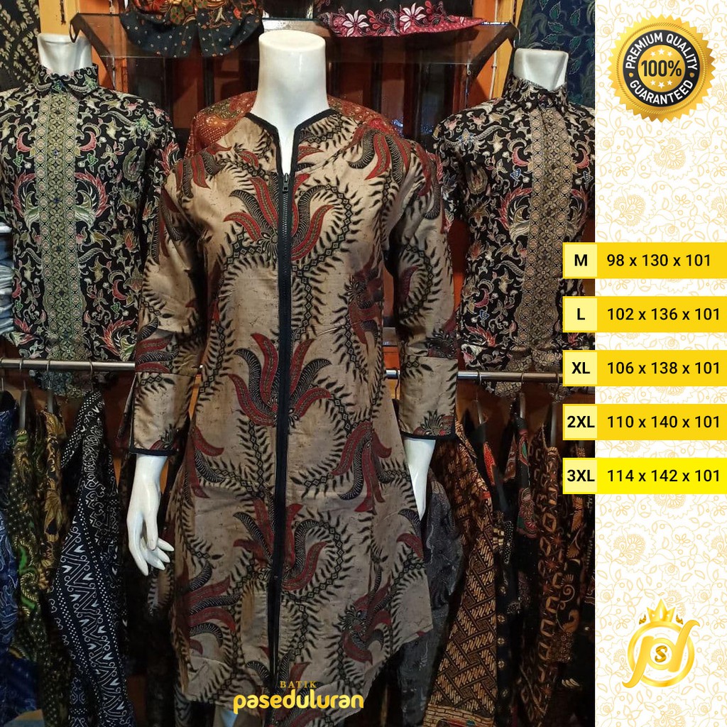 Tunik Wanita Batik Atasan Premium Motif Bunga Kobes Warna Merah Maroon Resleting Panjang Terbaru