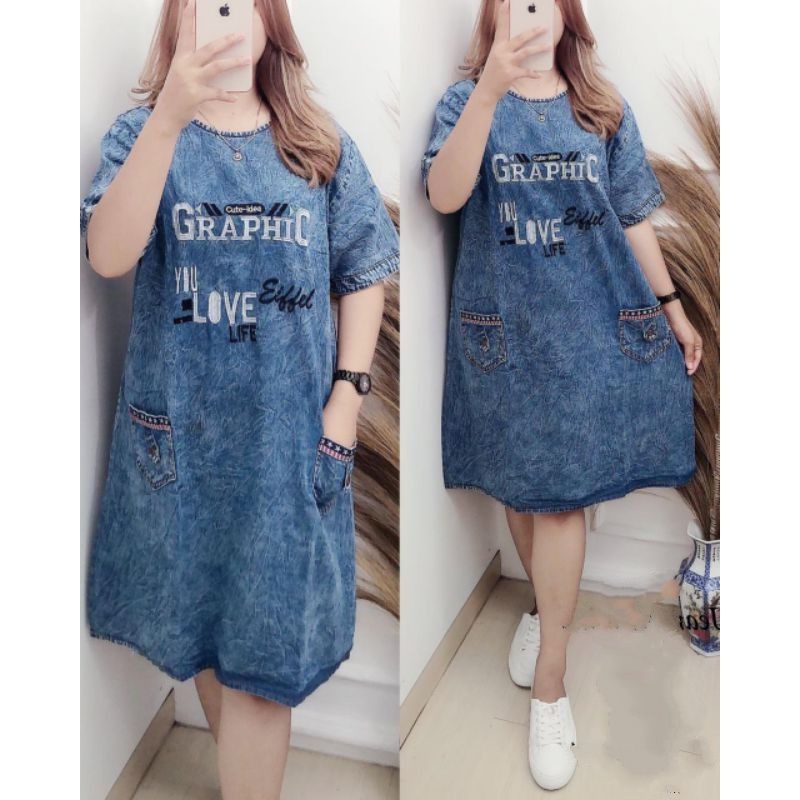 Dress Midi Wanita Jumbo Terbaru | Dress Jeans Wanita Kekinian