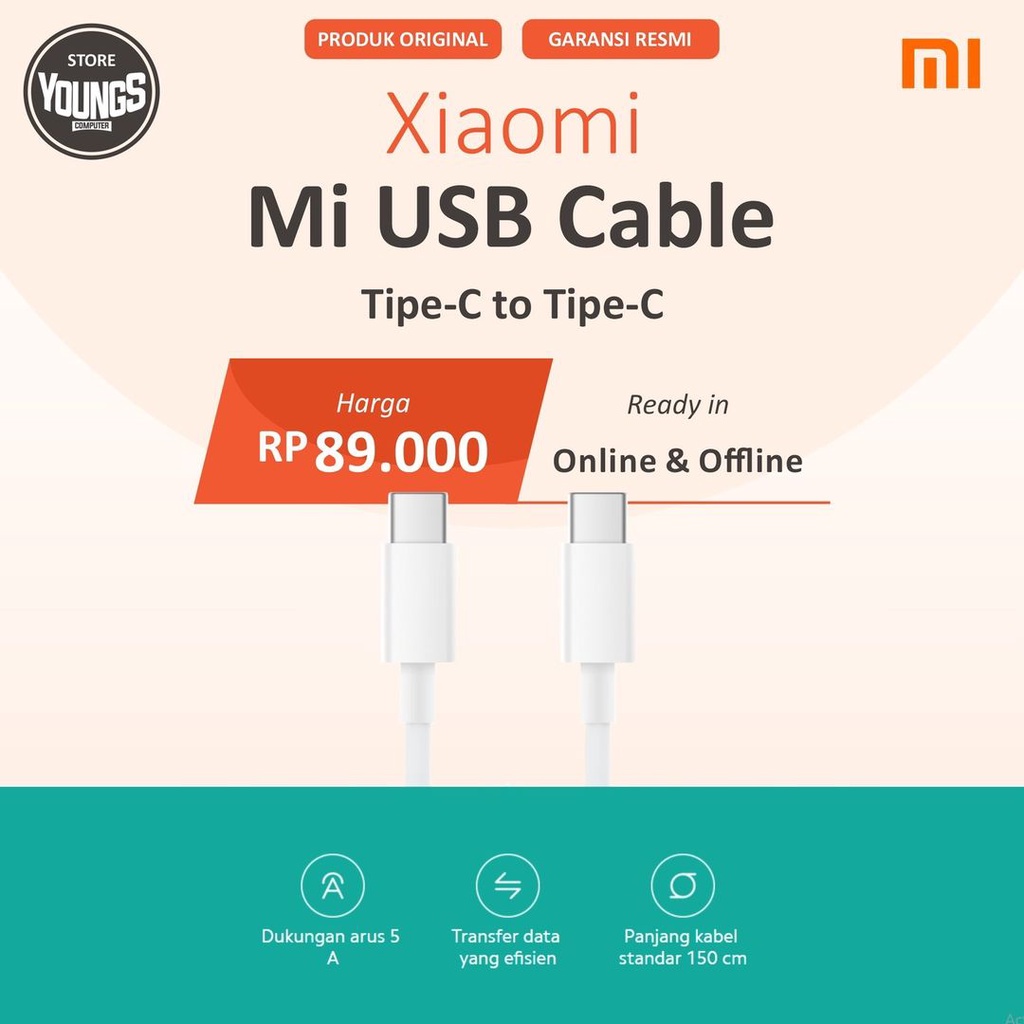 Mi USB Type C to Type C 150cm Resmi - Kabel Data Cable 5A Xiaomi 1.5m