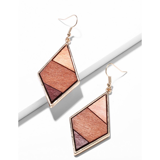 LRC Anting Gantung Fashion Brown Geometric Diamond Wood Colorblock K18751