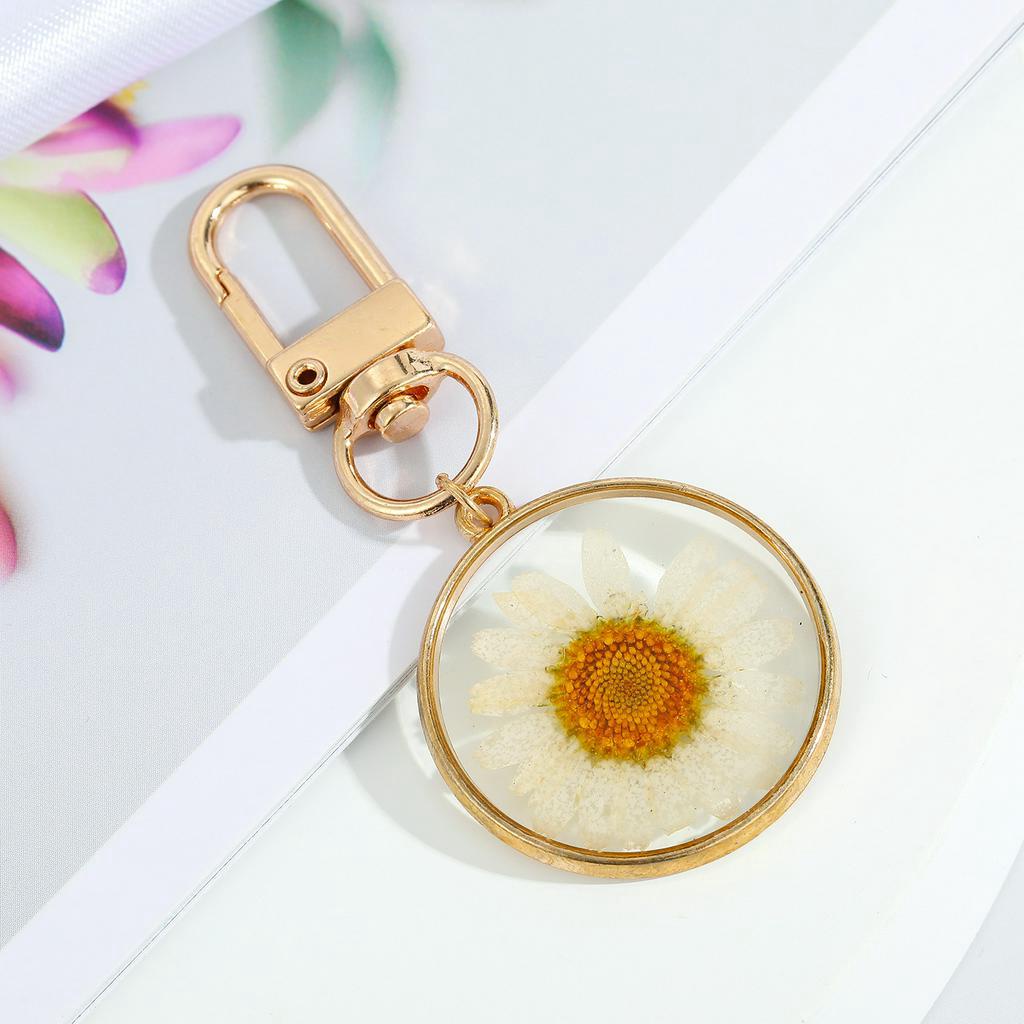 Bunga Kuning Bulat Bunga Kering Gantungan Kunci Natural Flower Dropping Oil Daisy Keyring Liontin Hadiah Untuk Perempuan