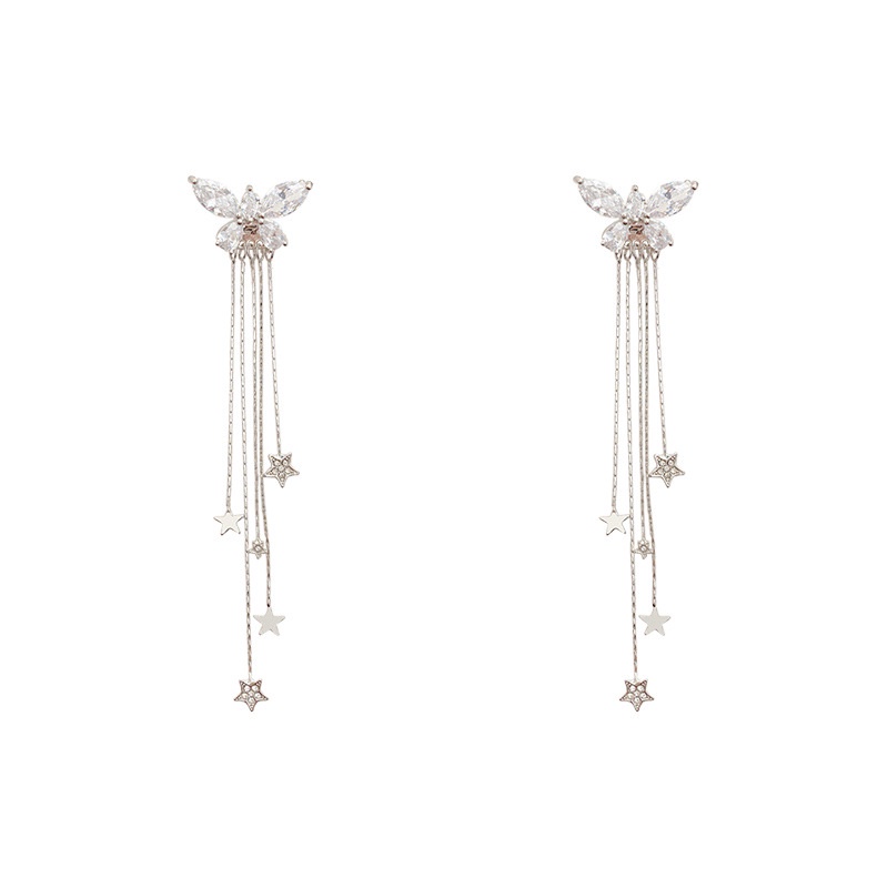 Anting S925 silver needle Model Rumbai Panjang Desain Kupu-Kupu Bintang Bahan Zirkon