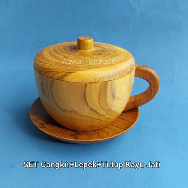 cangkir kayu/gelas kayu/cangkir kopi/cangkir teh set cangkir+tutup+lepek kayu jati