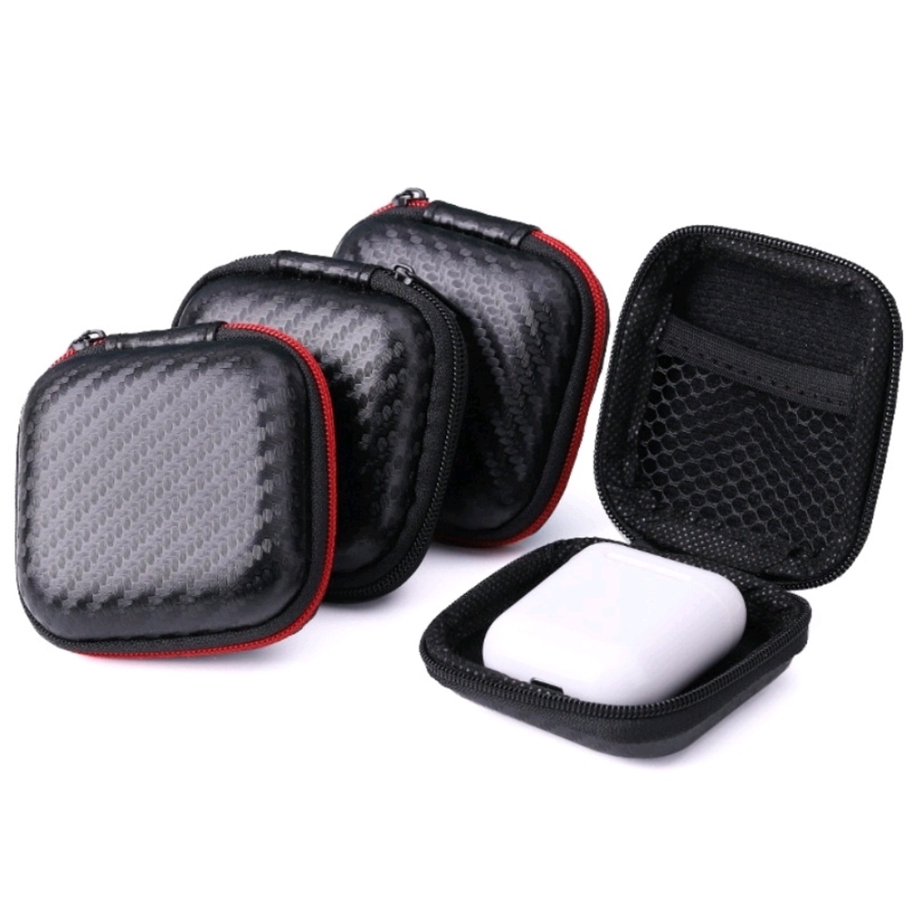 Pouch Dompet Carbon Tempat Earphone Kabel Koin Tws Charger Kunci Organizer