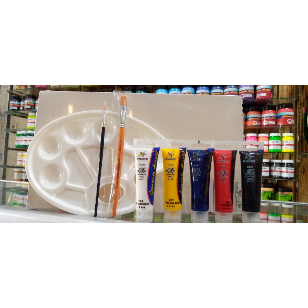 

PAKET PROMO MELUKIS LENGKAP,KANVAS ,CAT AKRILIK 5 30 ML ,KUAS DAN PALET