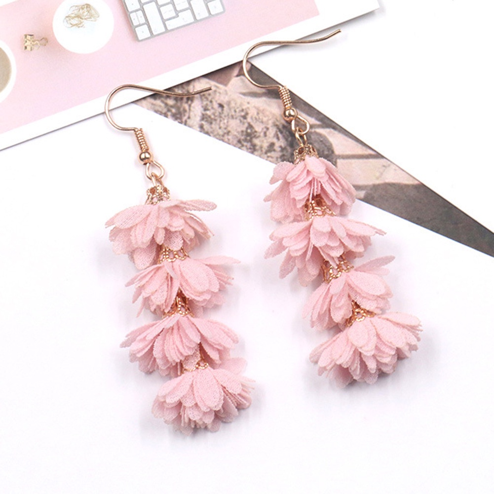 Anting Kait Gantung Panjang Desain Bunga Kain Rumbai Gaya Boho Untuk Wanita