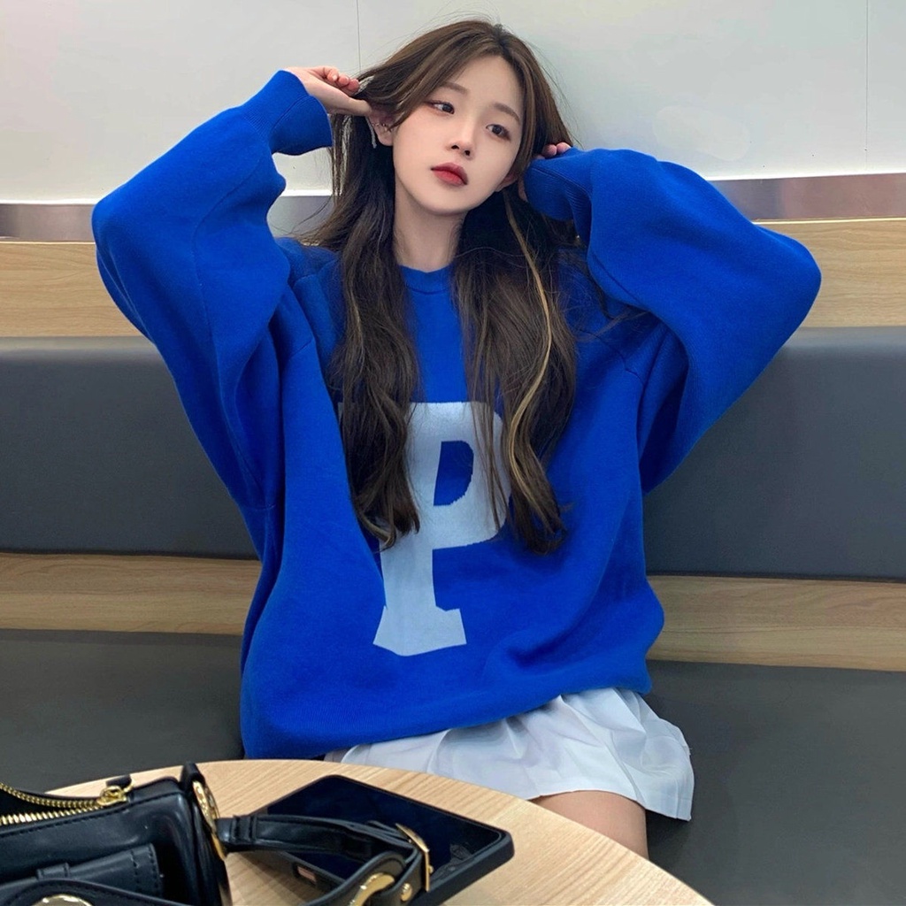 Suhao American top Klein blue sweater wanita tipis longgar gaya bf mantel atas hoodless oversize ove