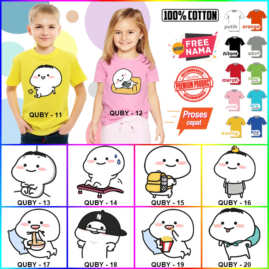 Baju Kaos ANAK DAN DEWASA QUBY / PENTOL COUPLE (FREE NAMA)