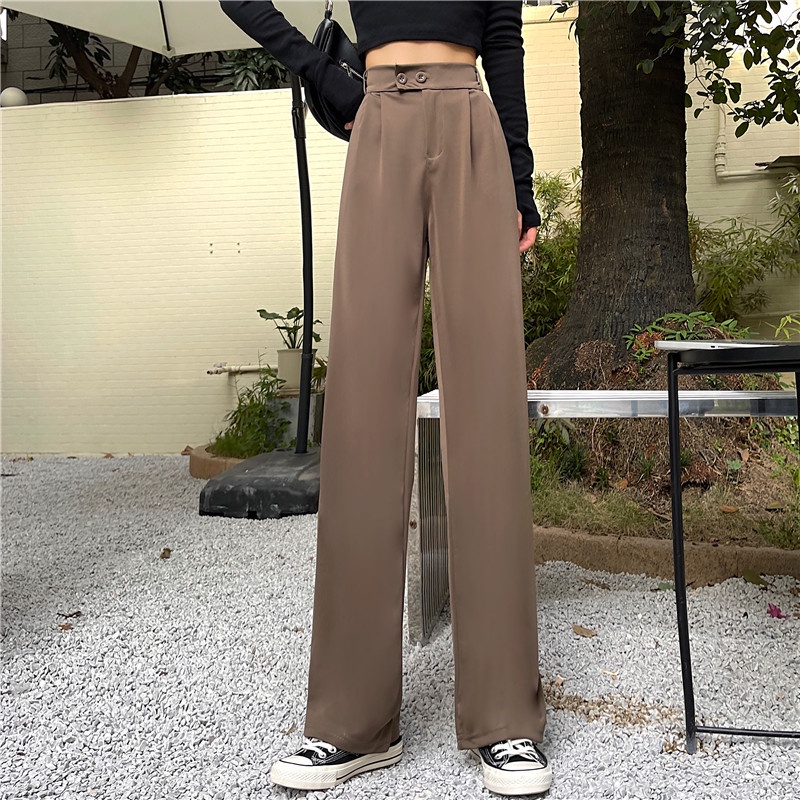 yikoo-Celana panjang dua kancing setelan high waist pants casual wanita