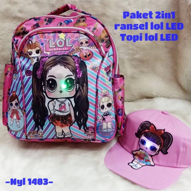 Tas Ransel Anak Perempuan LOL LED Musik + Topi Led /Tas Ransel Anak Set 2in1