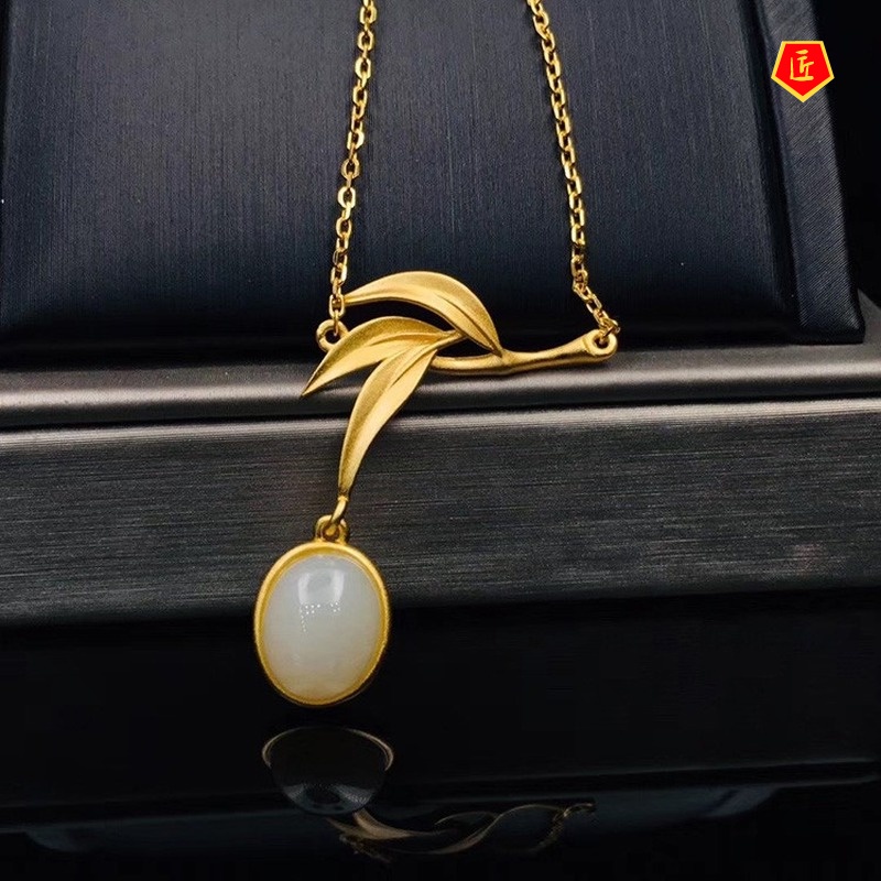 [Ready Stock]White Jade Bamboo Joint Buckle Necklace Blessing Egg Golden Pendant