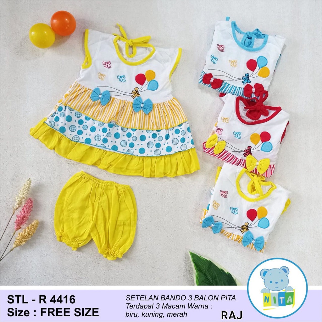 Setelan Baju Bayi Perempuan NITA Bando 3 Balon Pita Murah 0-6bln