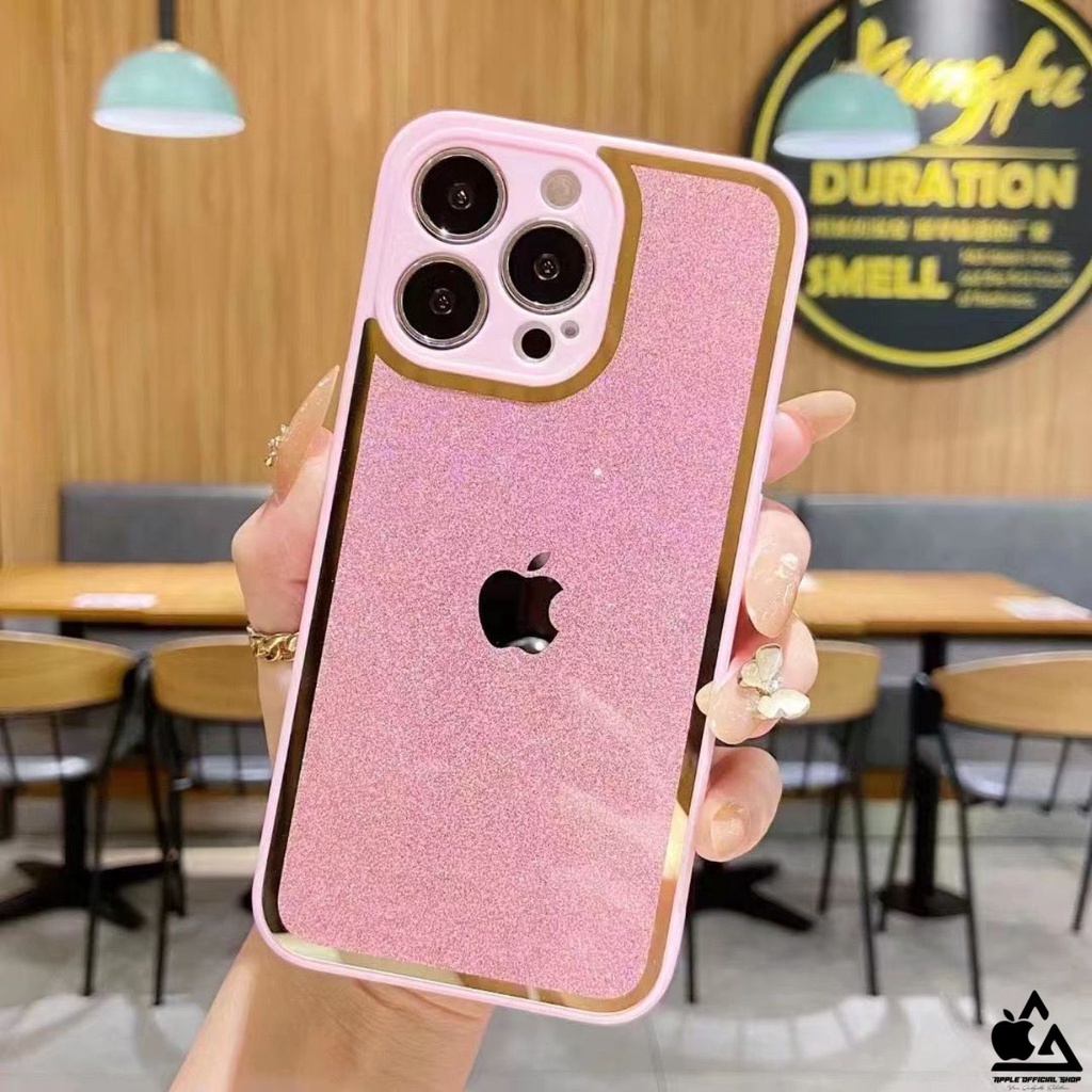 Glass Case Candy Gliter List Chrome iPhone 13 PRO MAX 12 PRO MAX Mini 11 PRO MAX XR XS MAX 7 7+ 8 8+ SE 2 3 TEMPERED GLASS CASE List Gold SOFTCASE SILIKON CANDY MEWAH