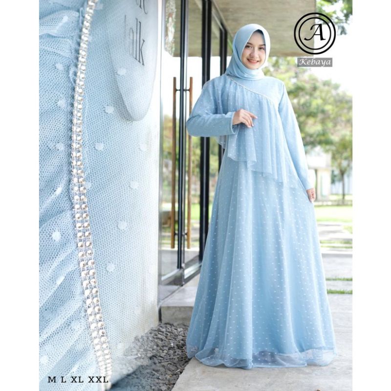 Gamis pesta tulle dotty full furing//gamis lebaran//gamis kondangan//gamis pesta wanita//fashion wanita