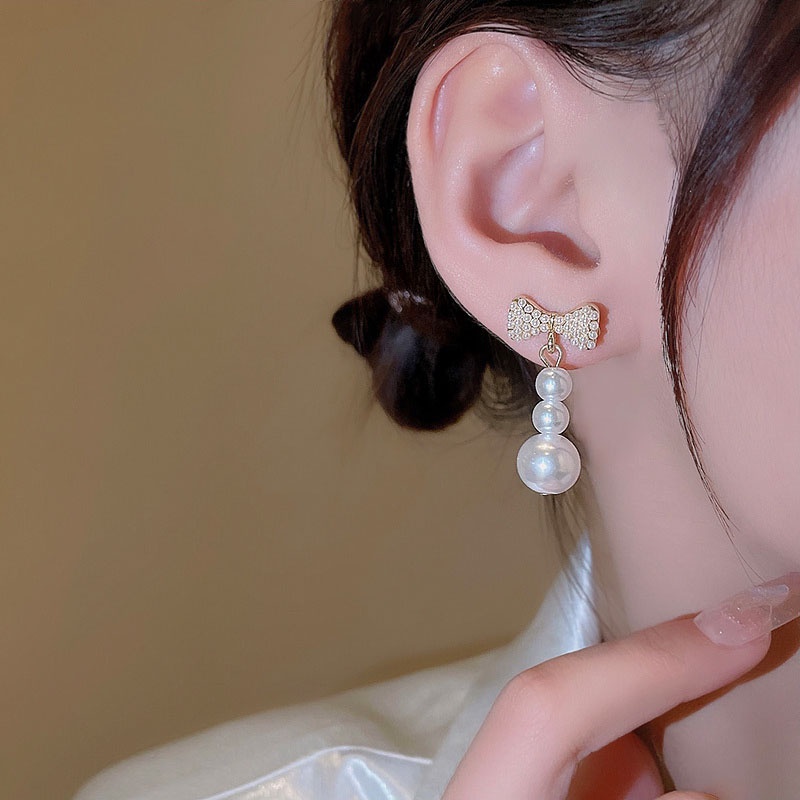 Anting Tusuk Gantung Sterling silver 925 Desain Pita Hias Mutiara Mewah Untuk Wanita