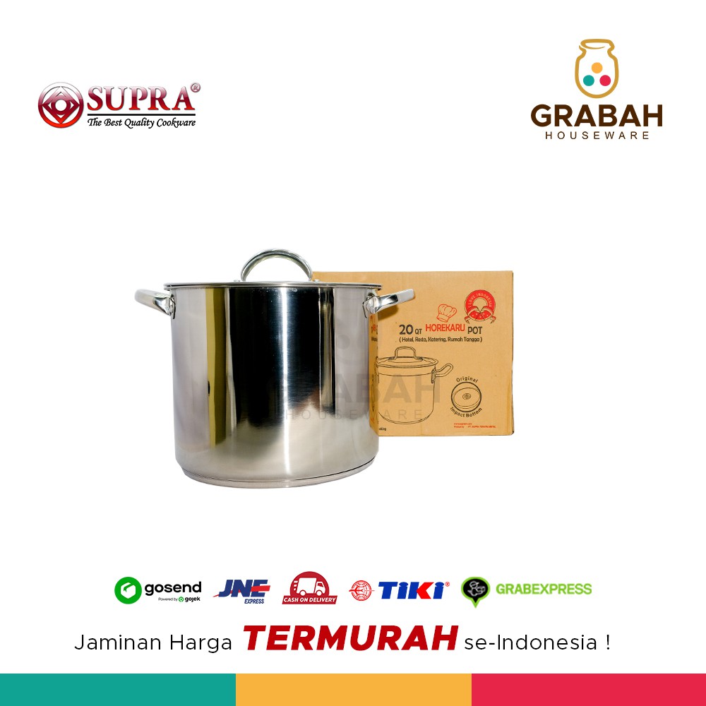 Supra Panci Kaldu Stock Pot Horekaru 20 QT + Tutup Stainless Grabah Houseware