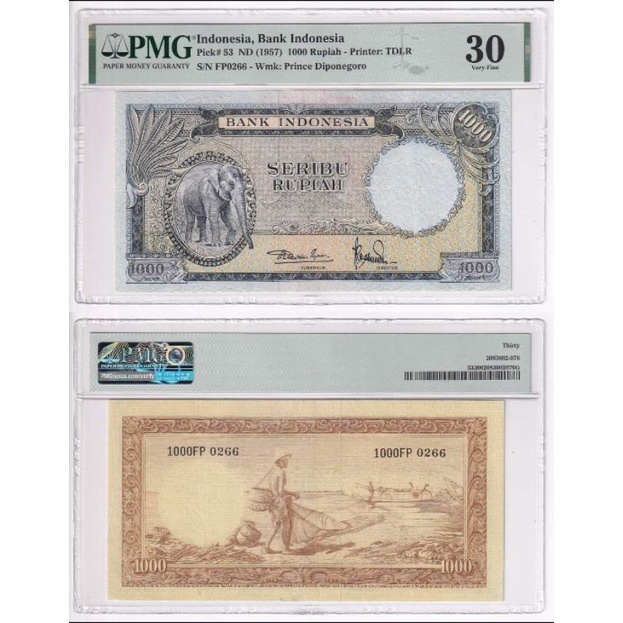 Uang 1000 rupiah Gajah 1957 PMG 30