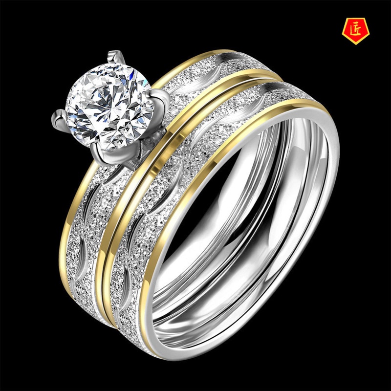 [Ready Stock]Gold Color Separation Creative Double Layer Ring Set Inlaid Moissanite Fashion Elegant