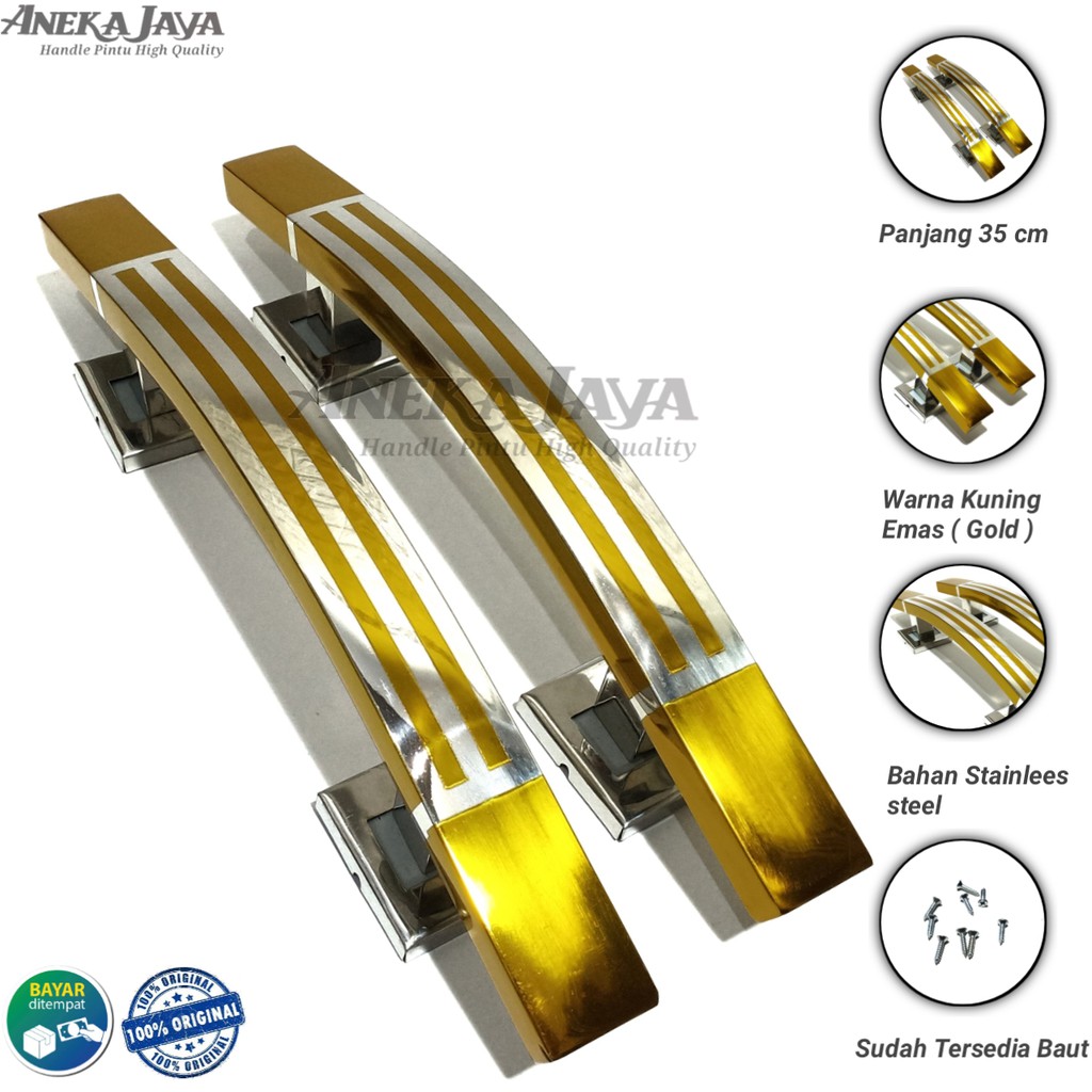 Handle set kunci panjang 35 cm warna kuning emas Gagang Pintu kupu tarung Tarikan pintu rumah mewah