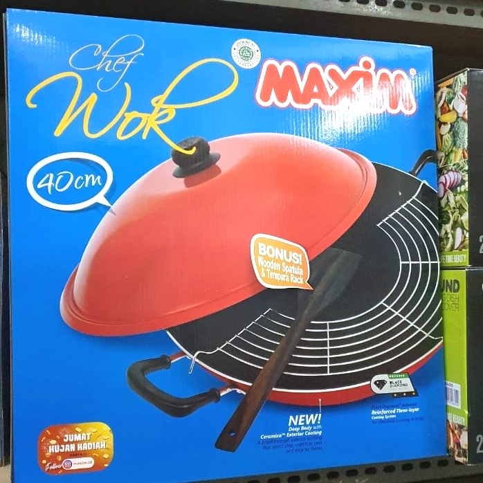 Maxim 40cm Chef Wok Wajan Penggorengan + Tutup + Rak Peniris + Sutil kayu + Spon