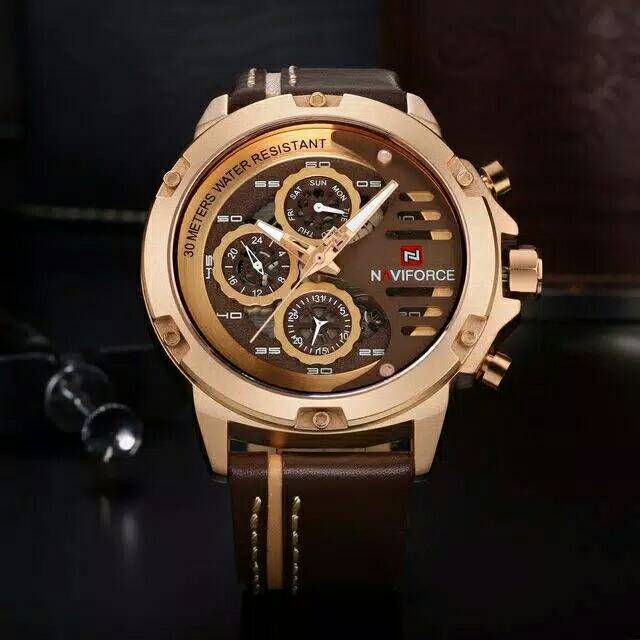 Jam Tangan Pria Naviforce 9110 Coklat Rosegold Chronograph Strap Kulit