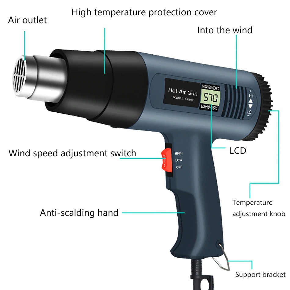 ZHCY Electric Hot Air Gun Dryer Heat Solder Thermal with LED Display 2000W - Green - 7ROT87GR