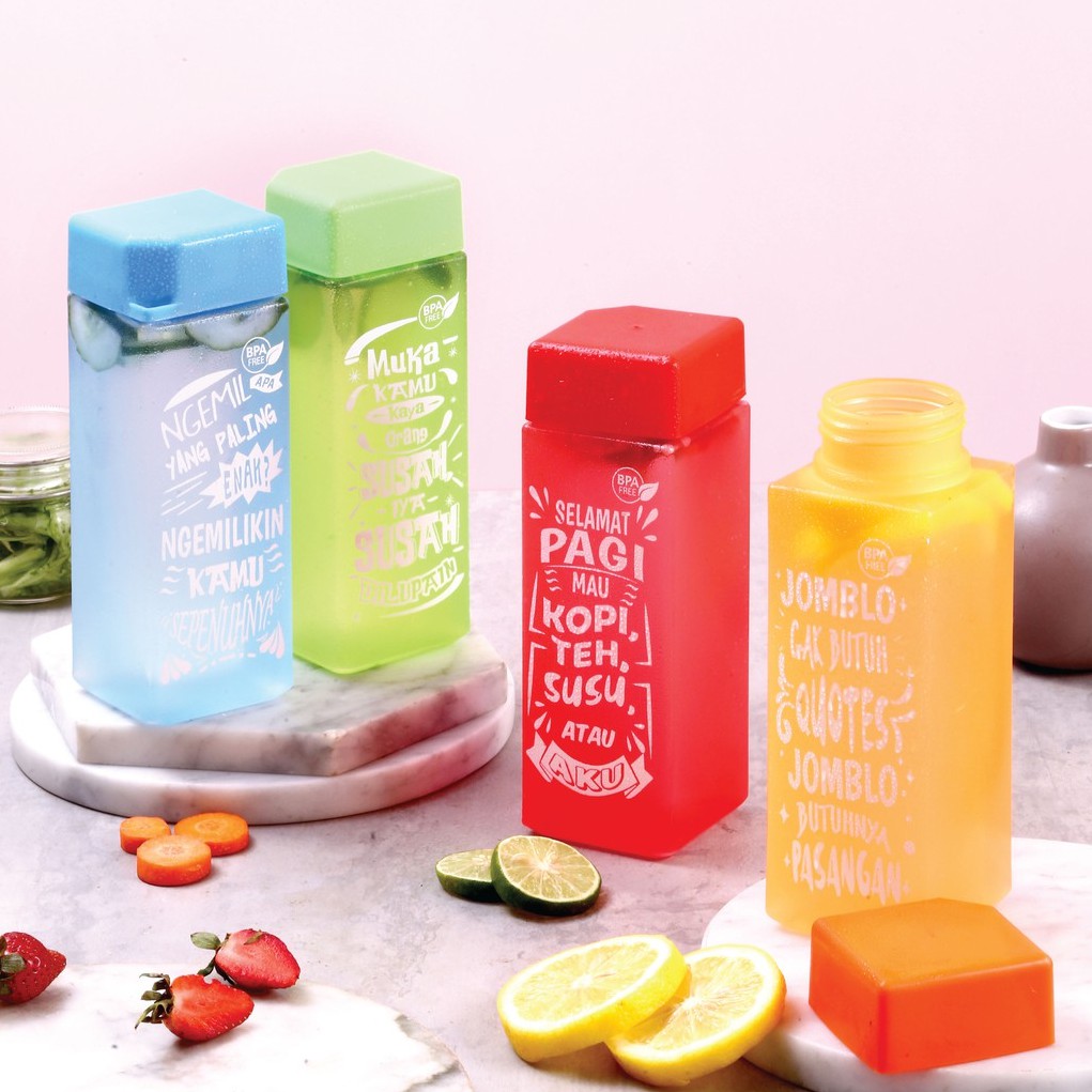BOTOL AIR MINUM MODEL KOTAK PLASTIK 450ML GAMBAR KATA QUOTES LUCU/MOTIVASI