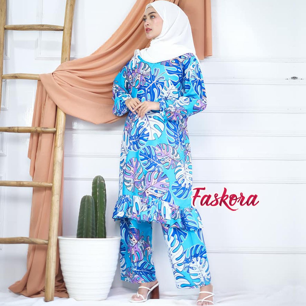 Setelan Tunik Jumbo XXL Celana Panjang Daun - One Set Tunik Rayon - Tunik Wanita Terbaru