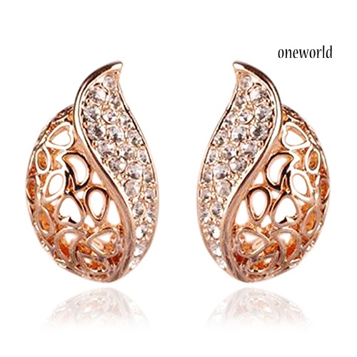 OW@ 1 Pair Fashion Women's Lady Hollow Leaf Rhinestone Ear Stud Earrings Golden Tone