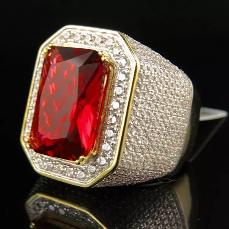 Cincin Pria Mewah Berkelas Batu Akik Red Ruby Cubic Zirconia Ring Gold Platted