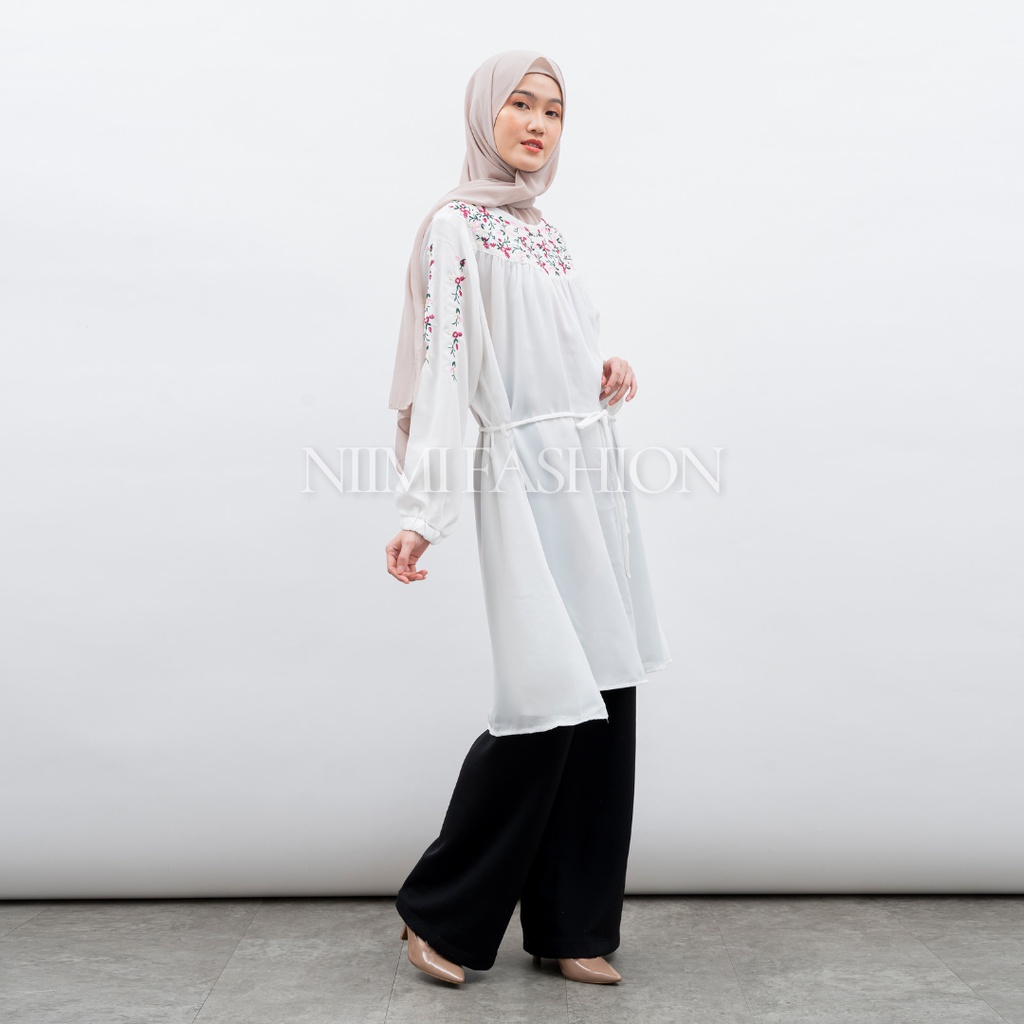 NIMI - Azela Tunik Putih Bordir Premium Atasan Long Tunik Putih Jumbo Bordir