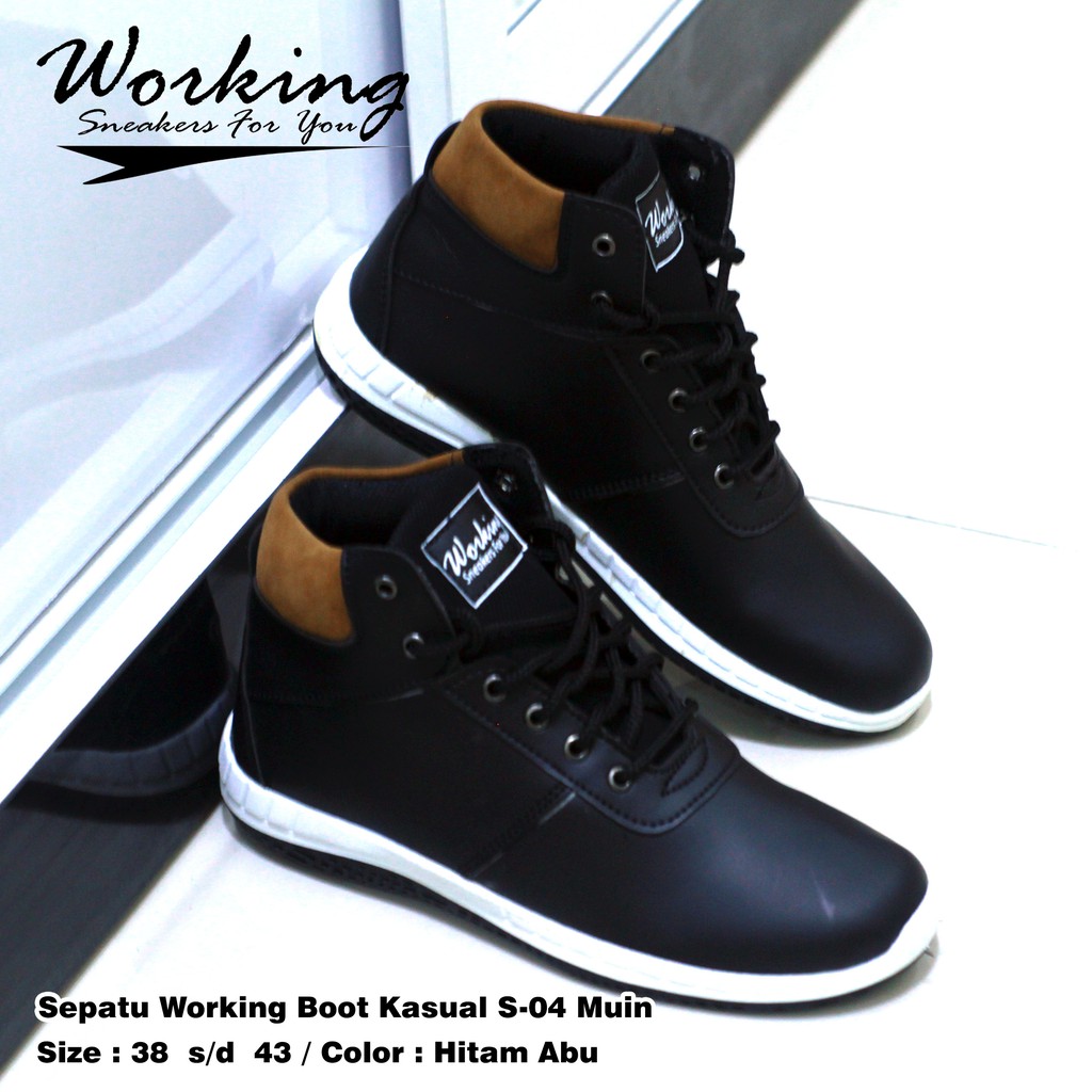 Sepatu Pria Kasual Working Boot S-04 Full Kulit Sintetis Untuk Kerja Kuliah