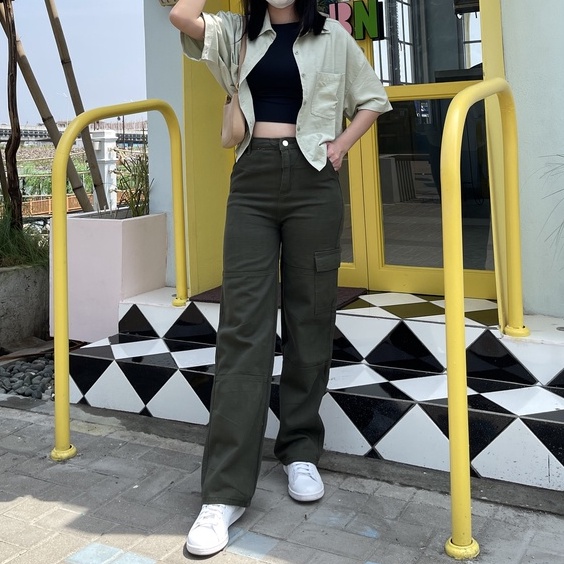 DEMORIN - Celana Panjang Cargo Jeans Highwaist Bawahan Wanita Korean Army - X5007