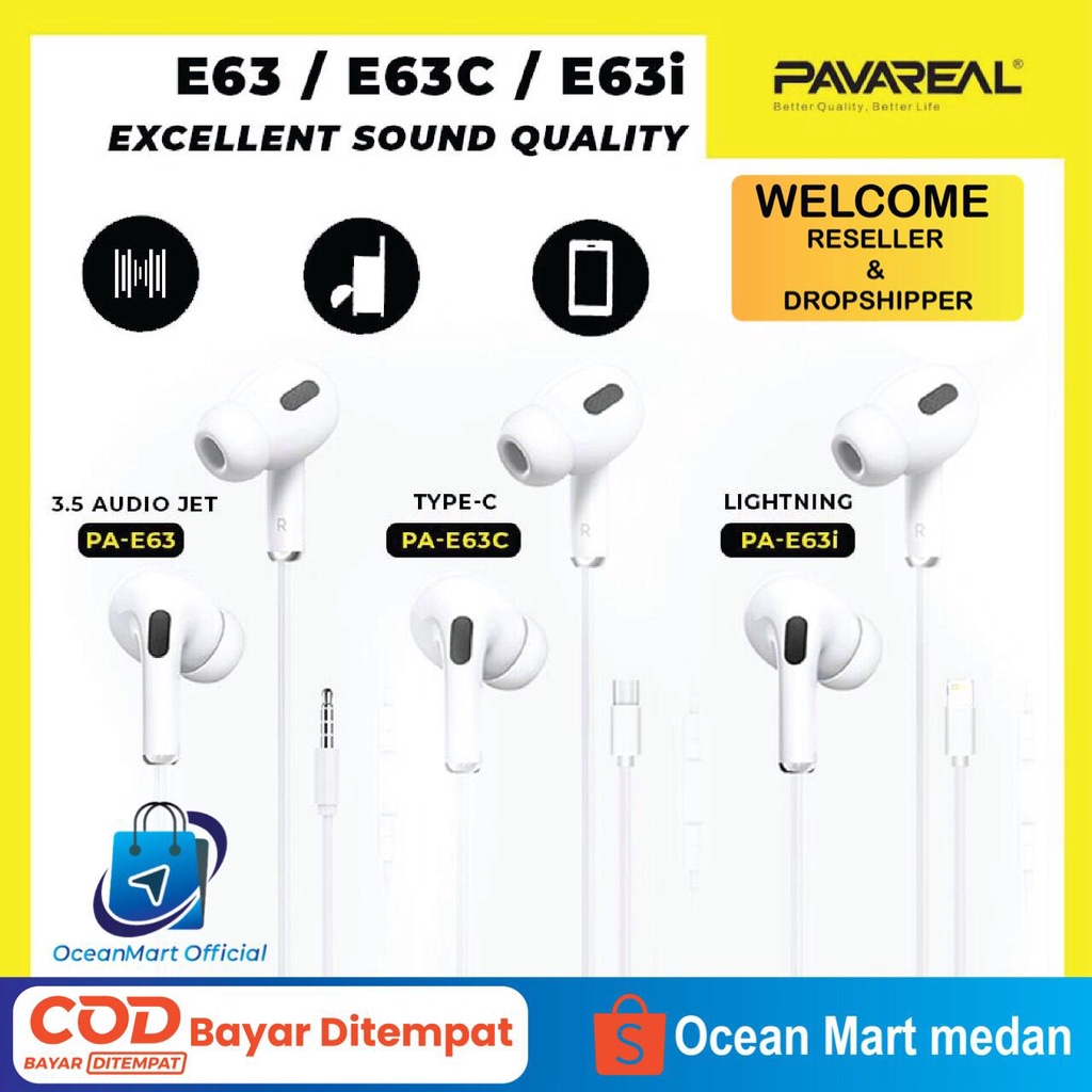 Pavareal Headset Handsfree Earphone PA-E63 Lightning Aux Type C Super Bass HiFi HD OCEANMART OCEAN MART Aksesoris Handphone HP Murah Grosir