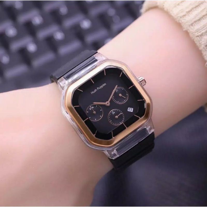 Jam Tangan Wanita Cewek Hush Puppies Segi Strap Rubber Tanggal Aktif