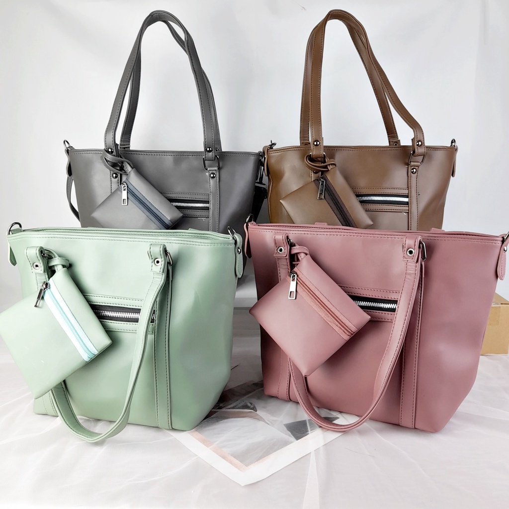 Tas Tote Wanita Kuliah Ngantor Ngemall Bahu Selempang Polos Leather Bag Lokal Premium Kulit Sintetis KT075 KT076 KT077 KT078