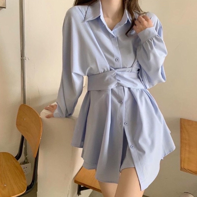 Ressy casual set long shirt kemeja oversize short pants formal set dress